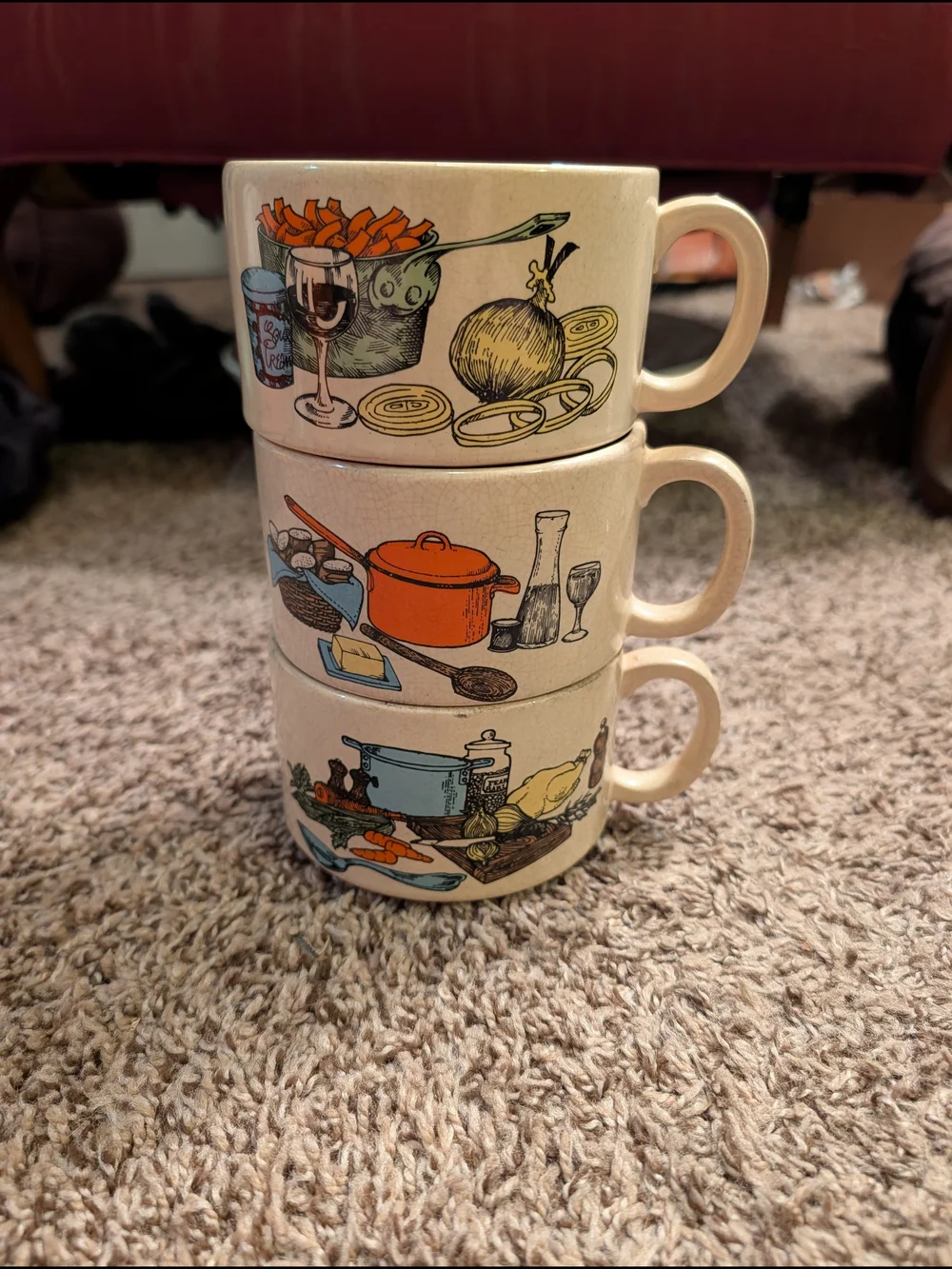 Set of 3 Vintage Ceramic Mugs 1970's Beige Multicolor Kitchen Food